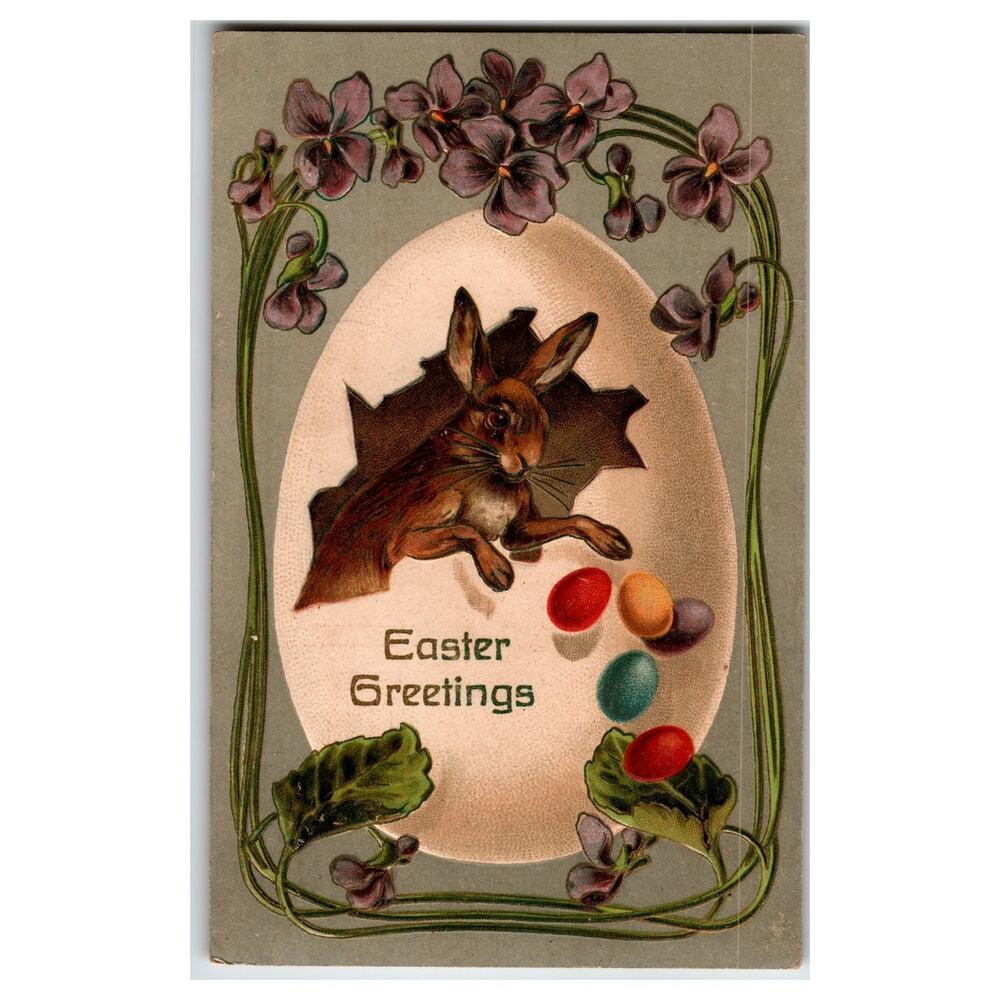 Vintage 1909 Easter Greetings Postcard Bunny in Egg Violets Printed in Germany